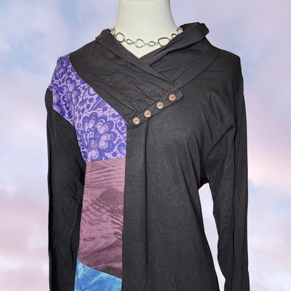 Greater Good Black Blue Purple Patch Work Cowl Neck Boho Cotton Sweater 2X - Picture 2 of 6